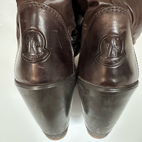 GUC MONCLER BROWN LEATHER DOWN QUILTED NYLON SHAFT TALL SIZE 39 WEDGE PUFF BOOTS - Picture 12 of 15